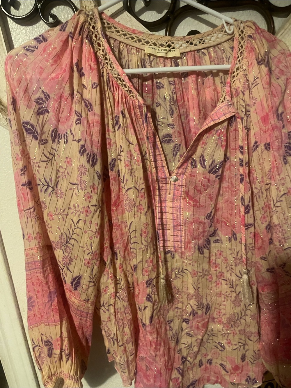Spell and Gypsy collective Boho Floral Pink Cream Peasant”mystic Blouse in dusk”